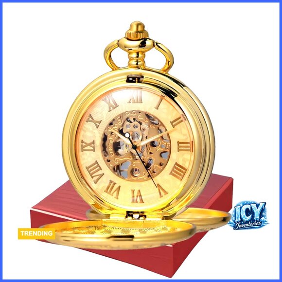 Vintage Mechanical Skeleton Pocket Watch with Roman Numerals Hand-Wound